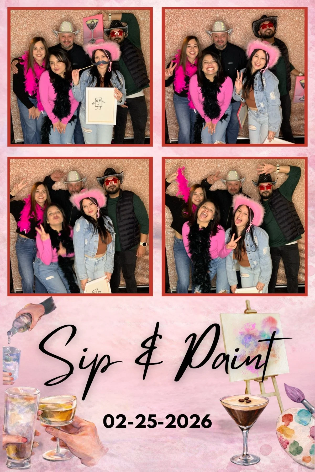 Four photos of a group of friends at a splash and paint event, featuring four women and two men dressed casually with fun photo booth props like hats, feather boas, and glasses, against a sparkly pink backdrop. Text on the photo includes "Sip & Paint