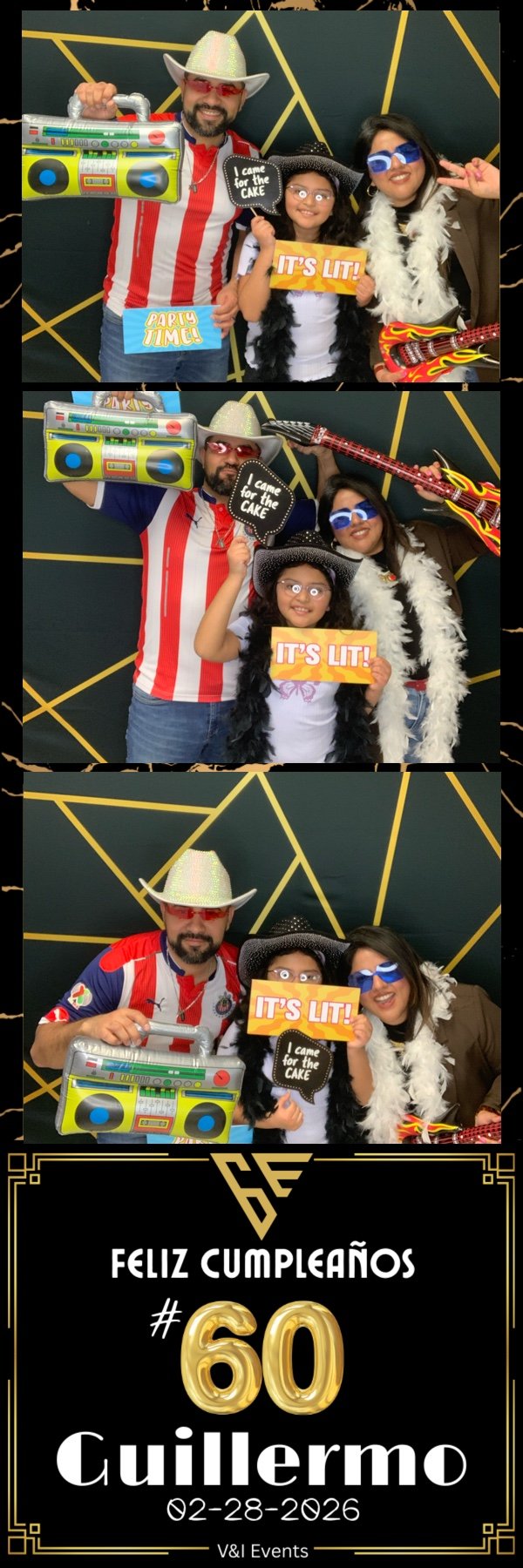 A series of three photos from a birthday celebration featuring three people dressed in fun costumes with props, posing in front of a black background with gold geometric lines. The bottom of the collage contains a birthday message in Spanish for Guil
