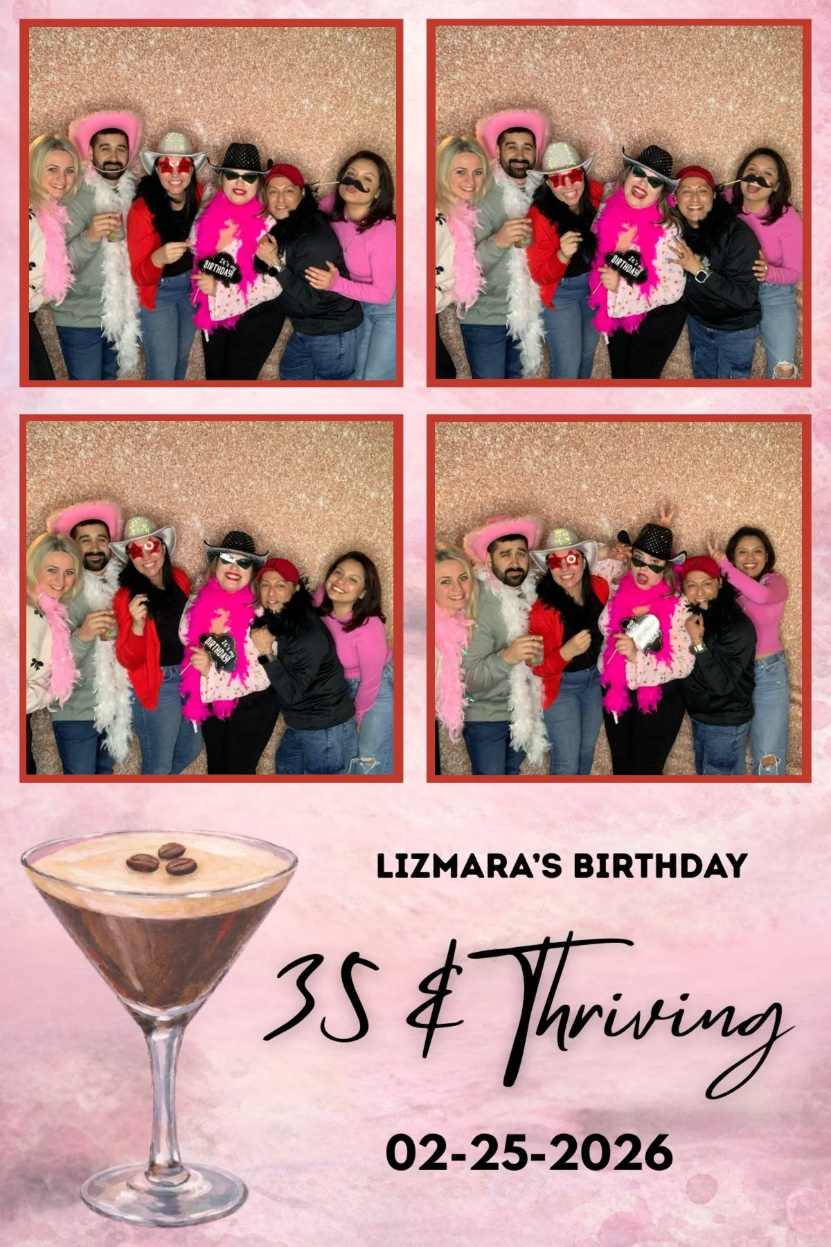 A photo collage of four pictures of a group of women celebrating Liz Mara's birthday, with fun props including hats, glasses, and fake mustaches, against a glittery background. The bottom part shows a pink cocktail with coffee beans, and text reading