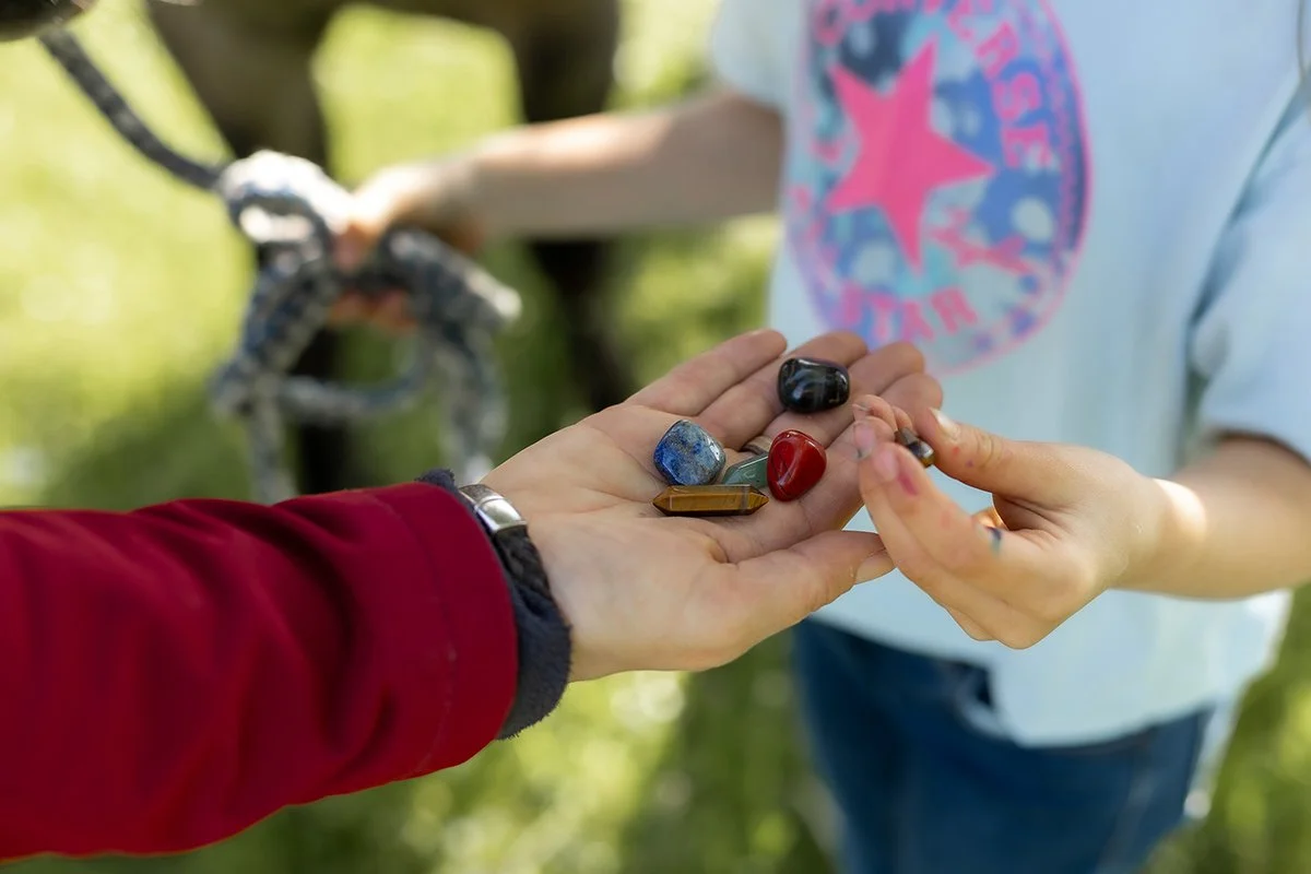 Übergabe bunter Edelsteine in der Natur – eine kreative und achtsame Entdeckungsreise für Kinder.