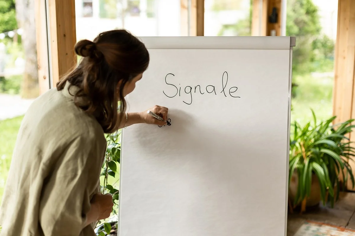 Achtsamer Business-Workshop: Anja Haselhofer visualisiert das Thema „Signale“ zur Förderung von Kommunikation und Selbstwahrnehmung im Arbeitsalltag.