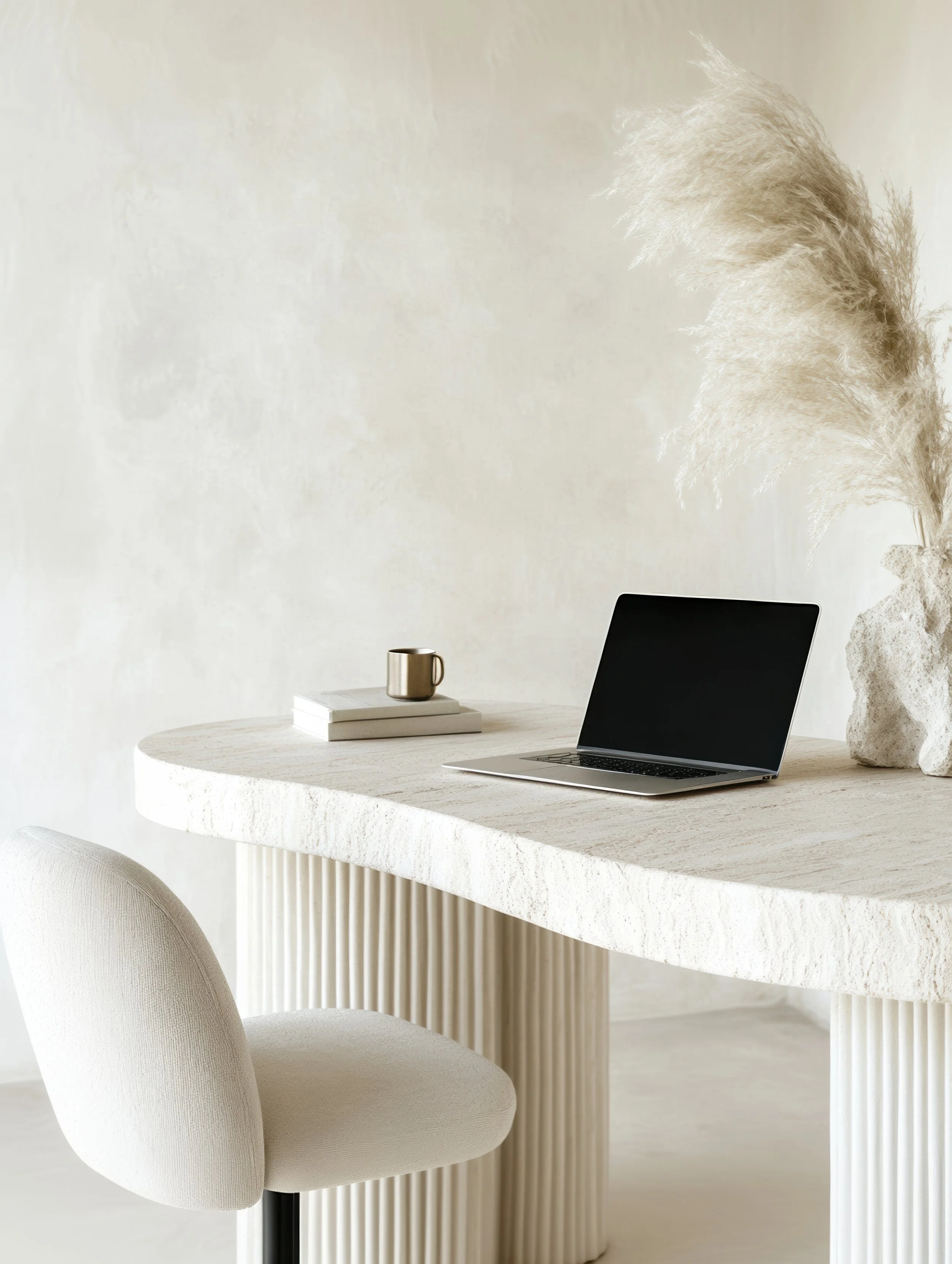 Image représentant un bureau avec un ordinateur portable, des livres, un vase décoratif et une chaise dans un intérieur minimaliste.