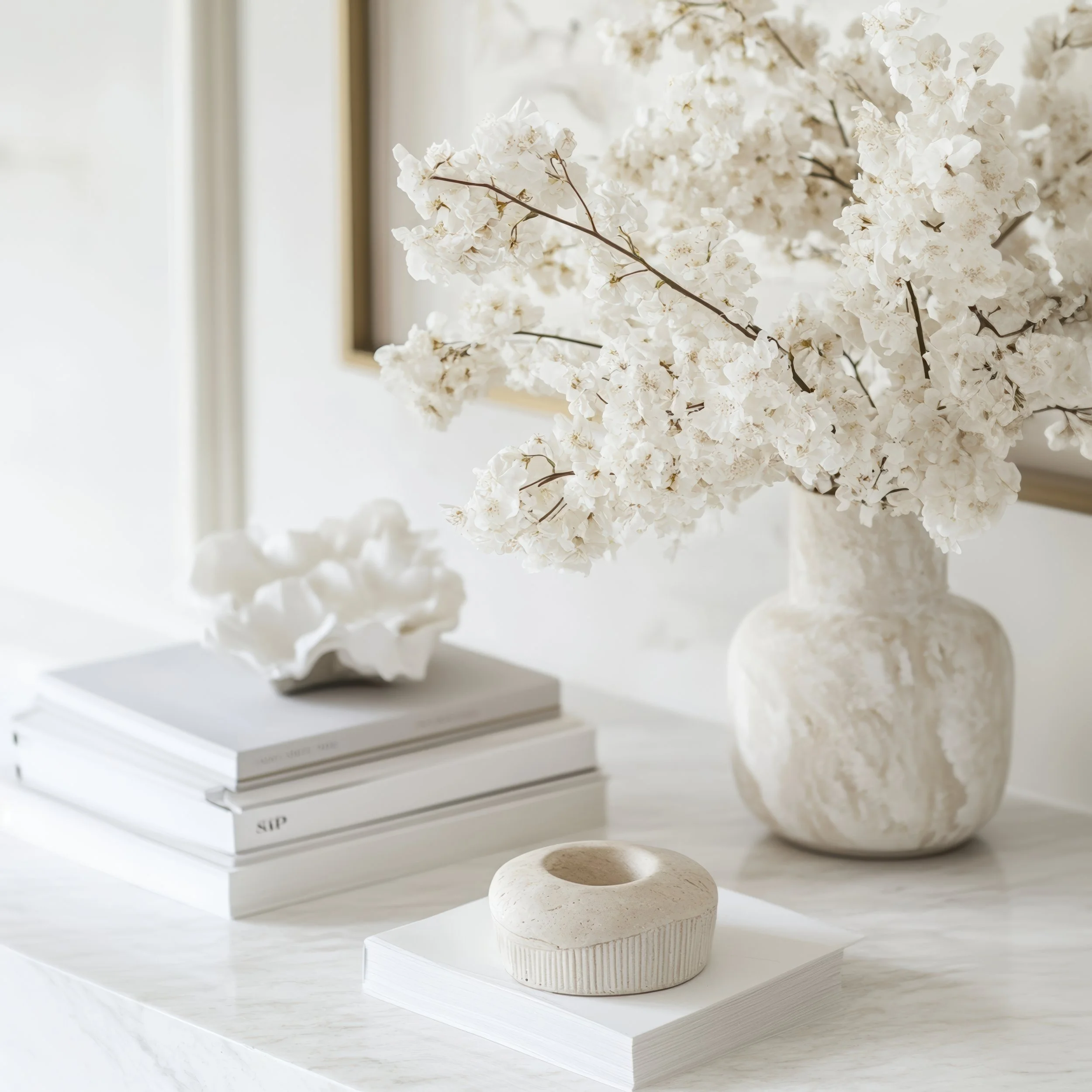 Vase blanc contenant des branches de fleurs blanches sur une table blanche, avec plusieurs livres empilés, une sculpture blanche et un objet en pierre.