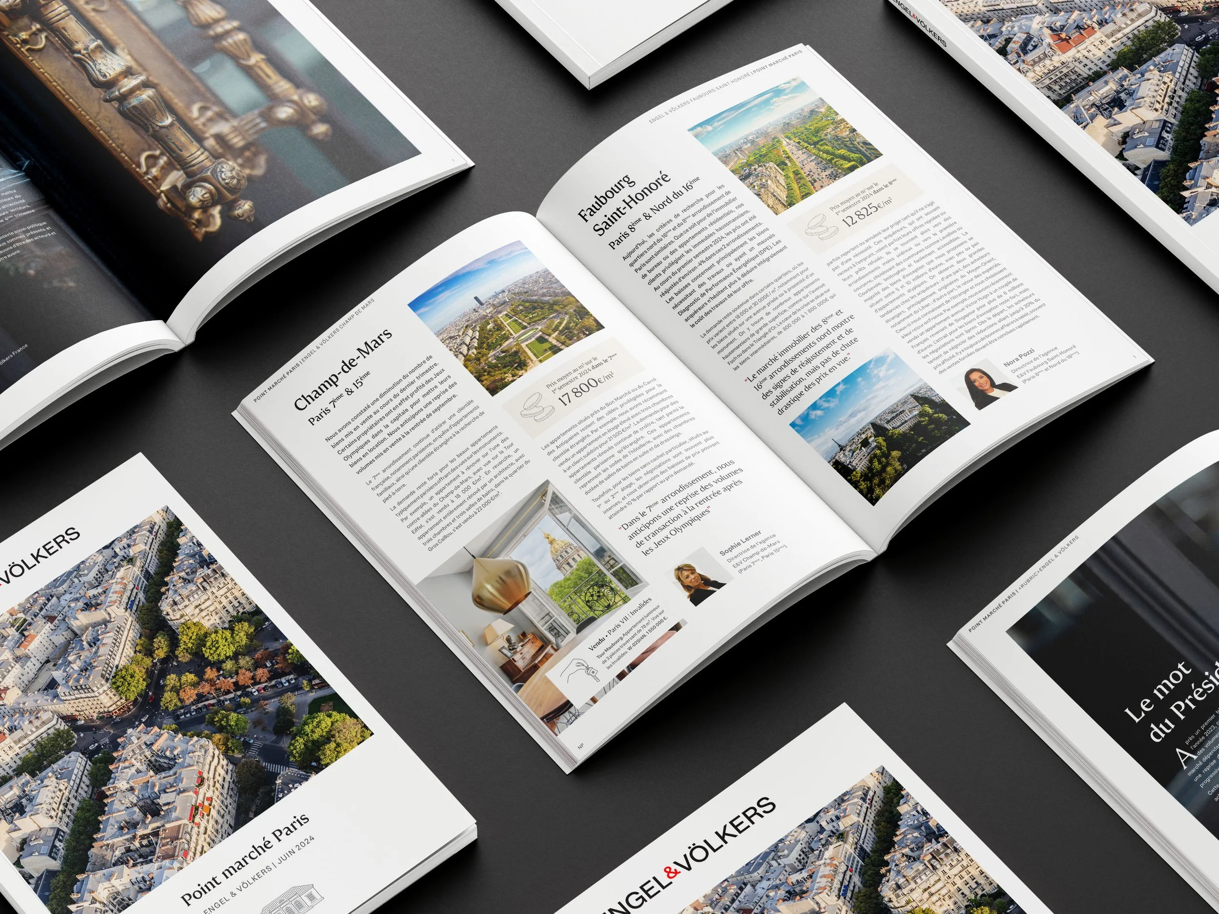 Plusieurs magazines ouverts, présentant des articles et des images sur Paris, avec des photos aériennes de la ville et des paysages urbains.