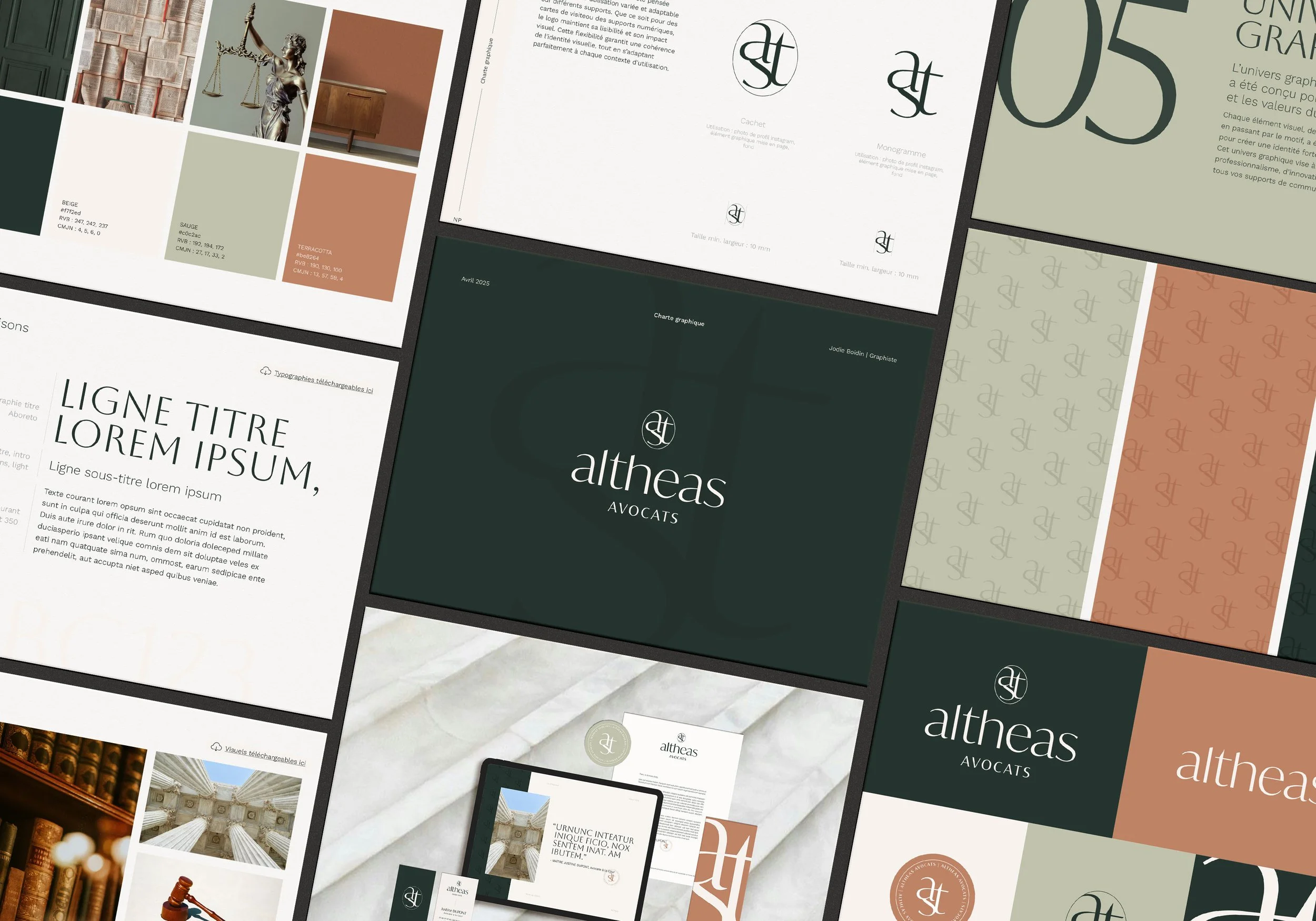 Aperçu de la charte graphique pour la société 'altheas avocats', comprenant des logos, des palettes de couleurs et des documents marketing.