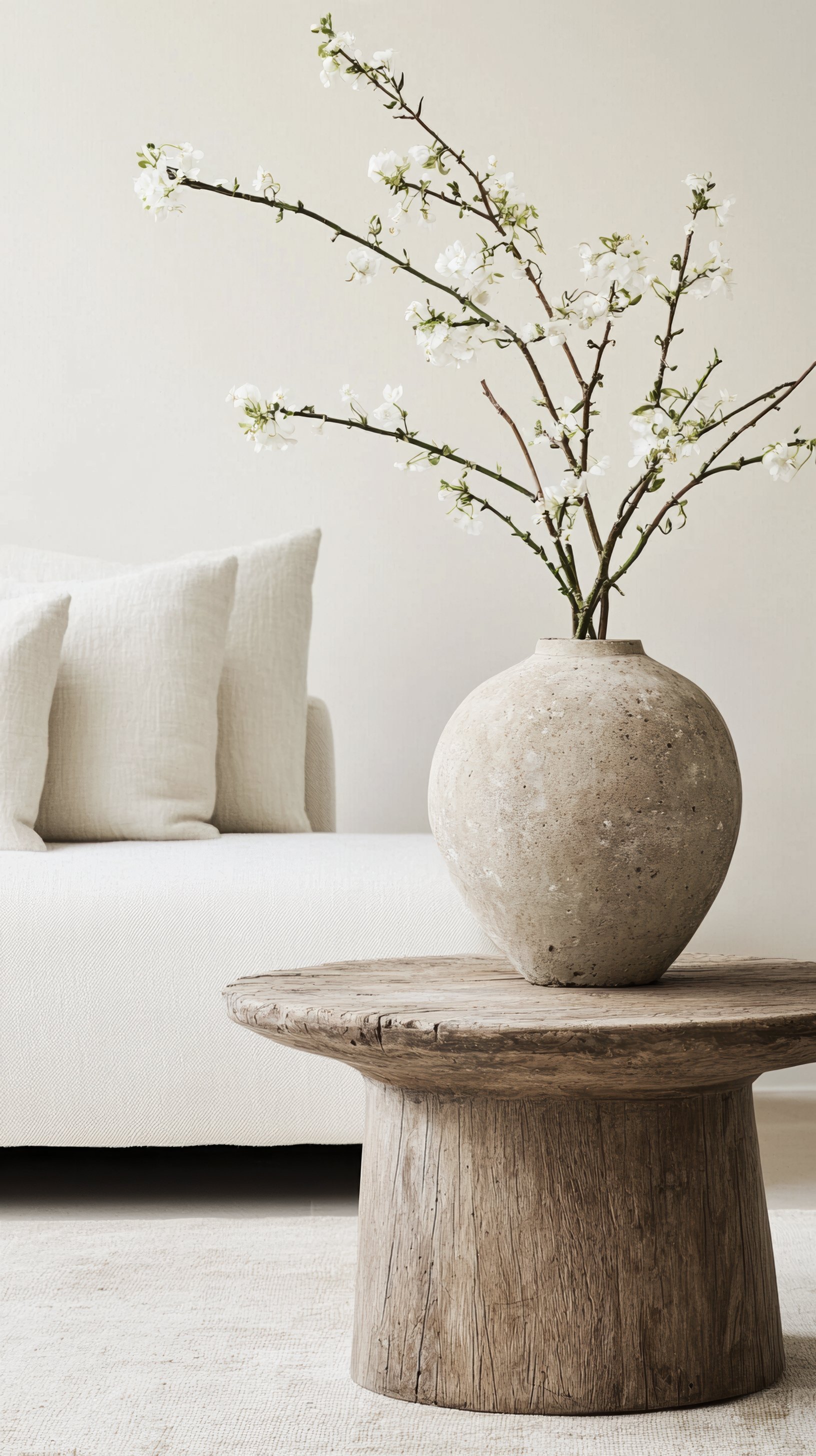 Un vase en terre cuite contenant des branches avec des fleurs blanches, placé sur une table en bois grossière dans un salon minimaliste avec un canapé blanc et des coussins