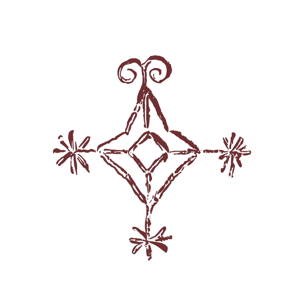 Hand-drawn, abstract design of a figure with spiral horns, diamond-shaped body, and decorative elements, in dark red on a black background.