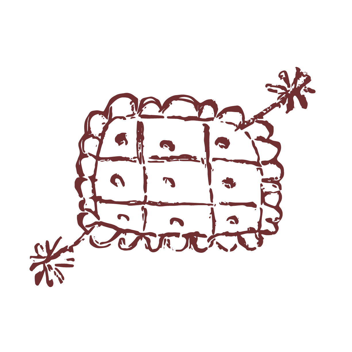 A sketched drawing of a decorative box with sparkles on either side, shown in a dark red color on a black background.