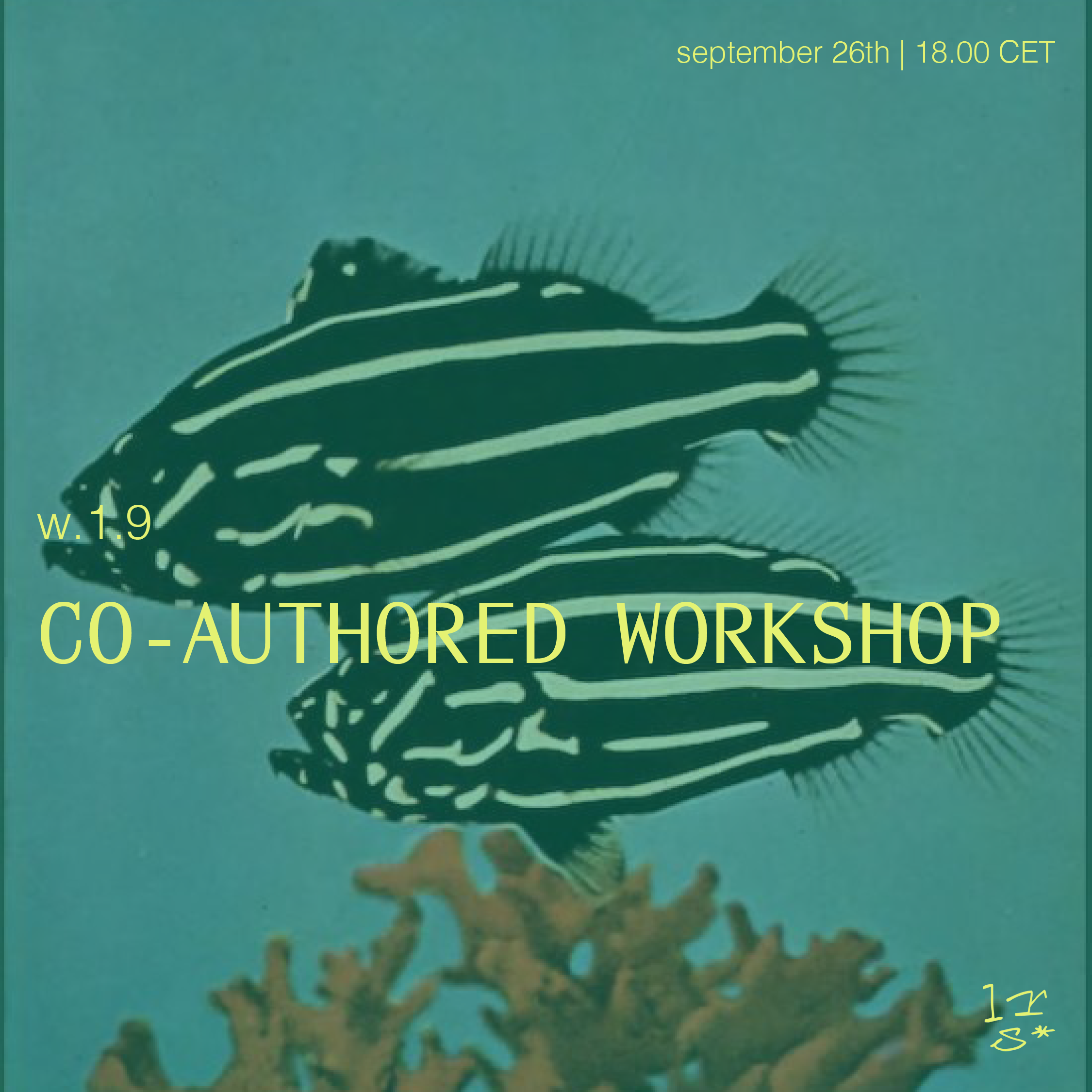 An underwater scene with two zebra angelfish swimming above coral, with text overlay announcing a co-authored workshop on September 26th at 6:00 PM CET, with additional details.