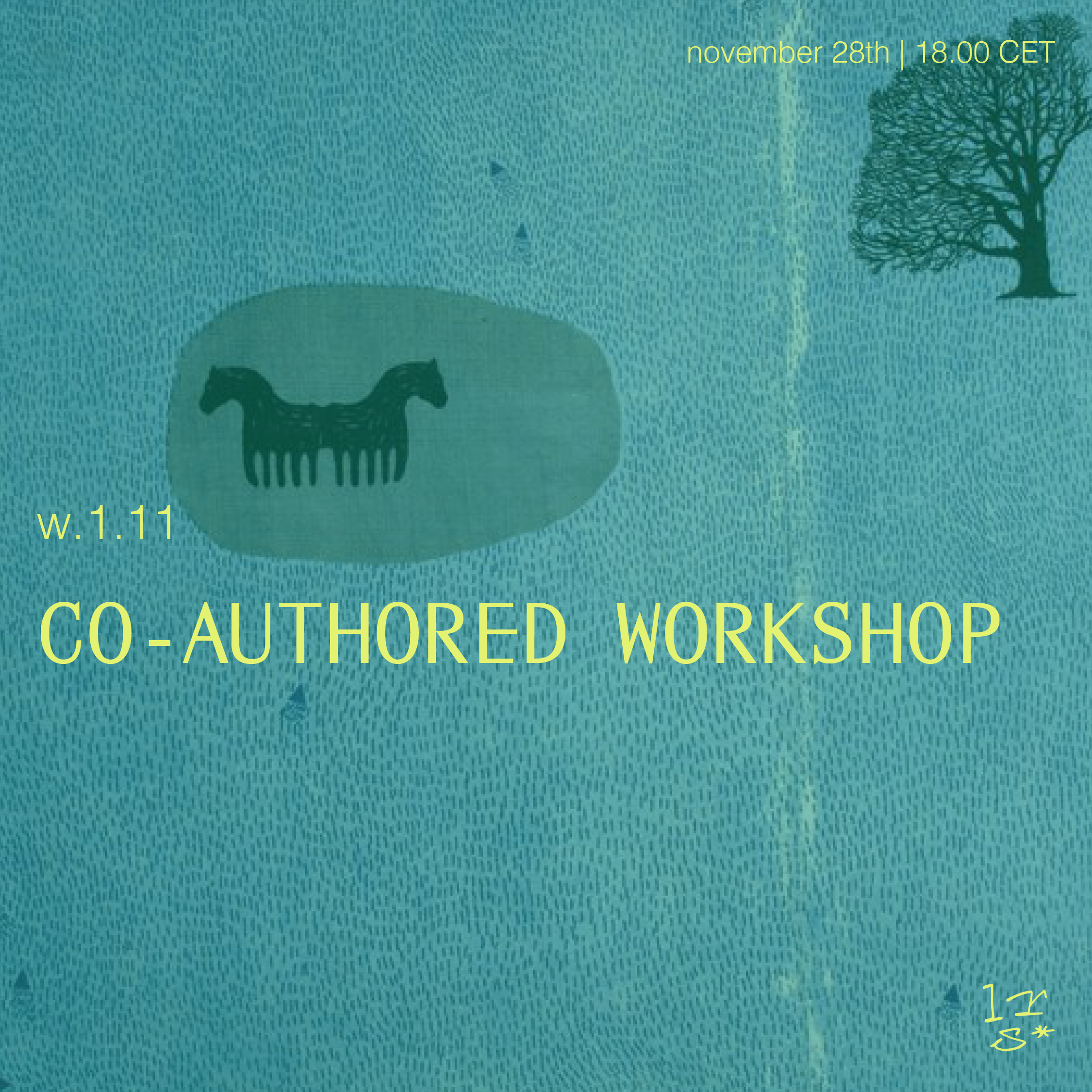 Event poster for a co-authored workshop scheduled for November 28th at 6:00 PM CET, including details like the website w.1.11 and featuring a minimalist design with a tree, geometric shapes, and a stylized animal illustration.