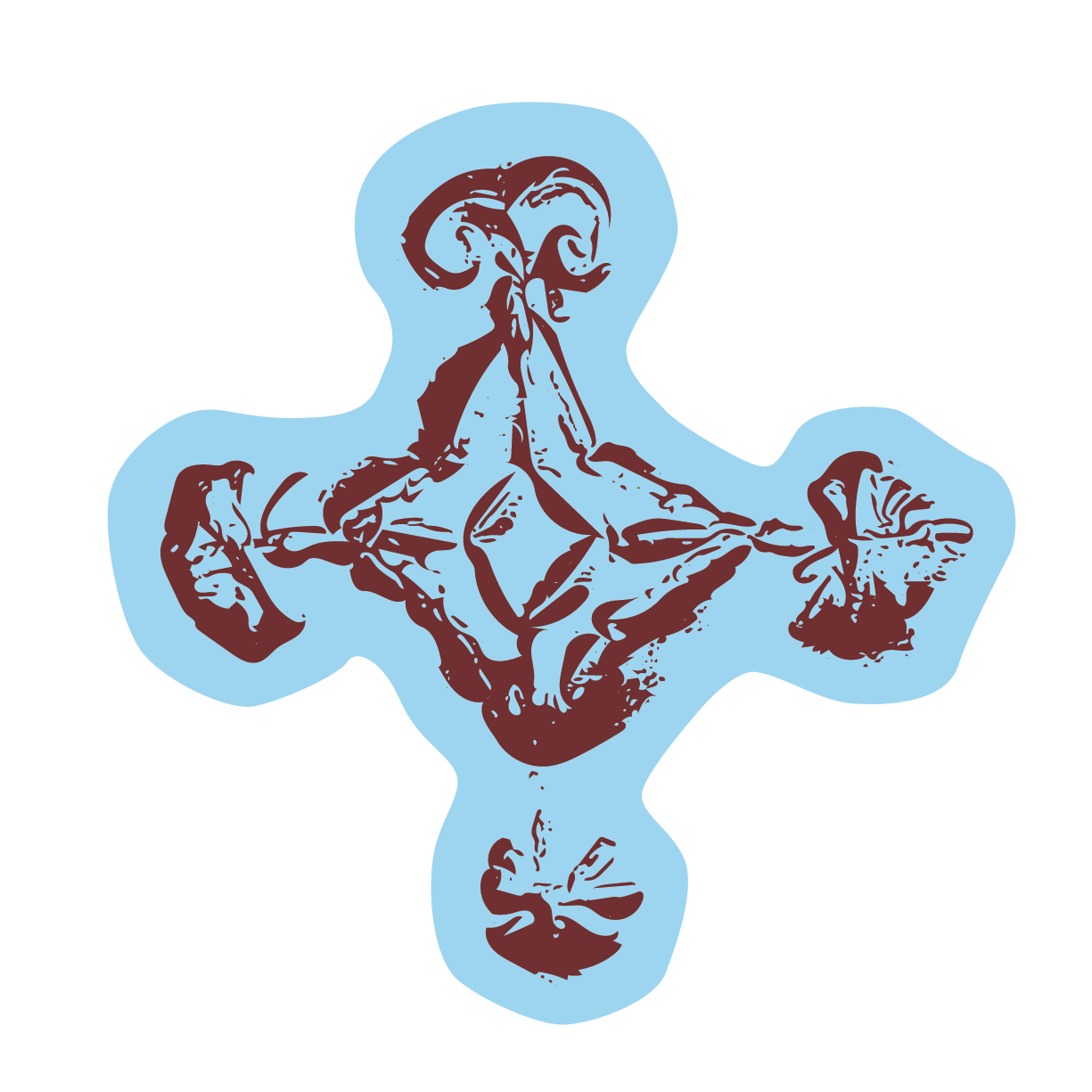 Hand-drawn, abstract design of a figure with spiral horns, diamond-shaped body, and decorative elements, in dark red on a black background.