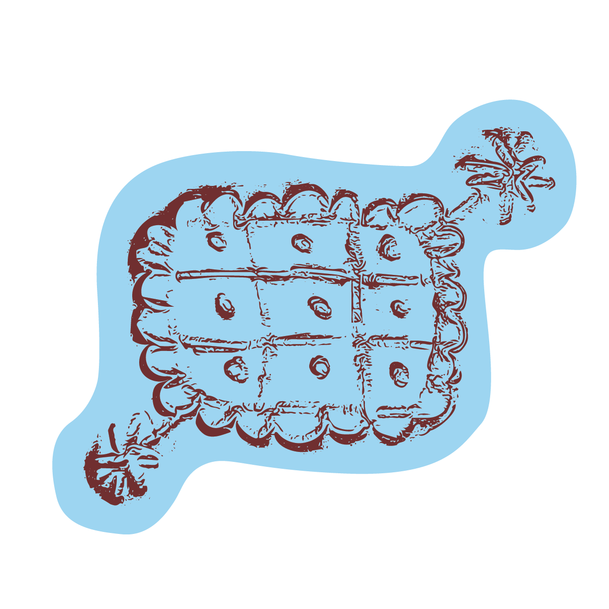 A sketched drawing of a decorative box with sparkles on either side, shown in a dark red color on a black background.