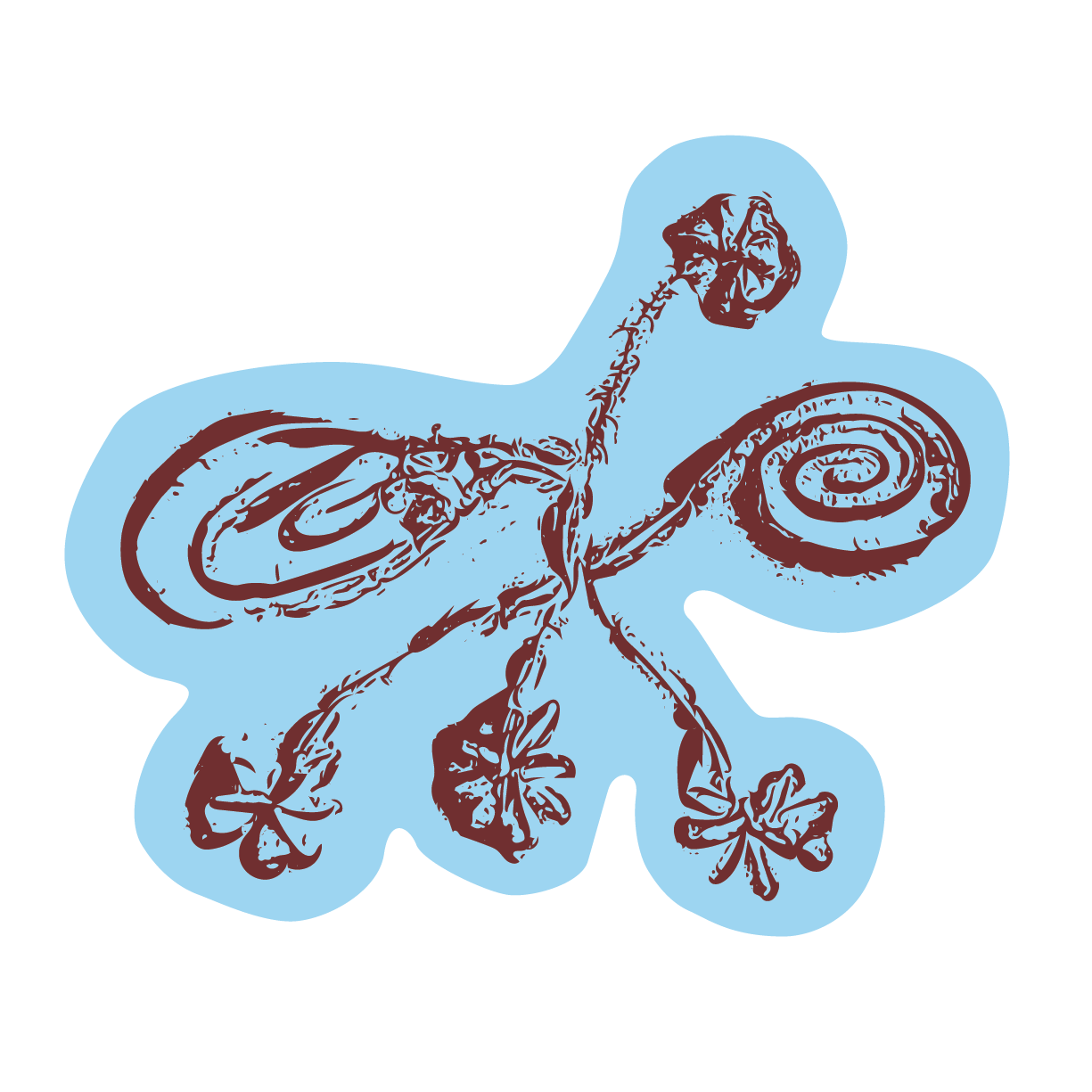A line drawing of a symmetrical geometric design resembling a dragonfly with swirled wings and a long, curved body, all in a reddish-brown color on a black background.