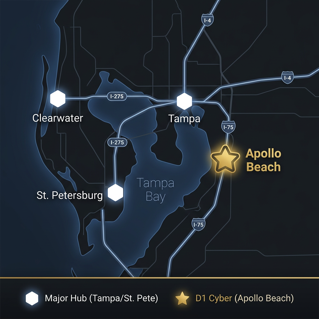 A map showing Tampa Bay, Tampa, Clearwater, and St. Petersburg in Florida. Major hubs are marked with white hexagons, including Tampa and St. Petersburg. Apollo Beach, a D1 Cyber site, is marked with a yellow star.