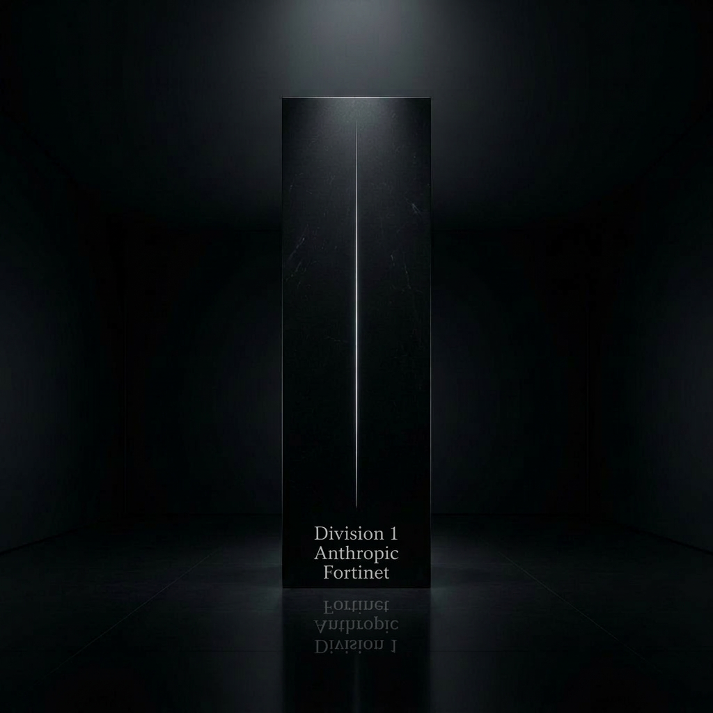 A black pedestal with a vertical line of light in the center, inside a dark room with minimal lighting. Text on the pedestal reads "Division 1, Anthropic, Fortnite."