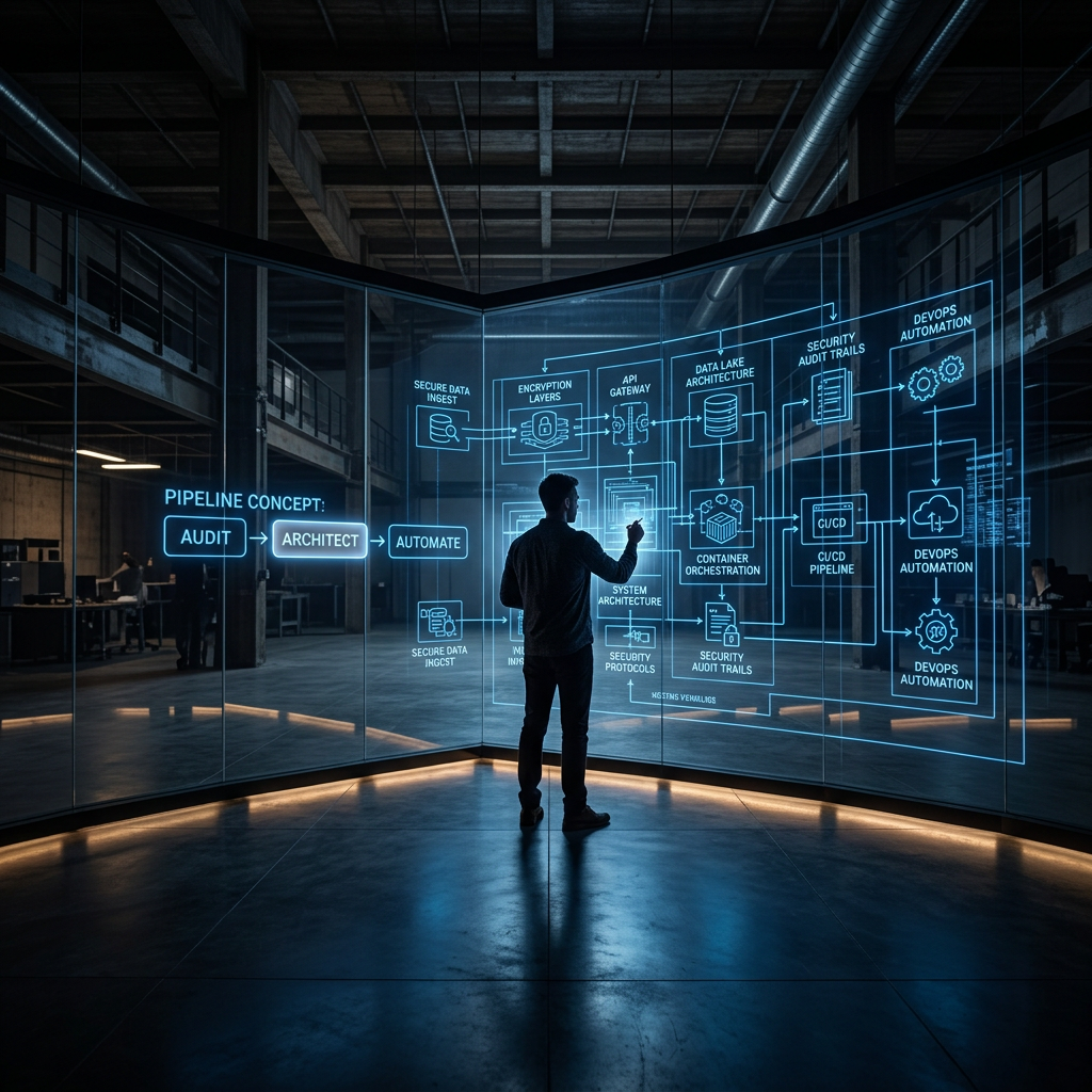 A person standing in front of a large digital screen displaying a technology pipeline diagram, with industrial interior background.