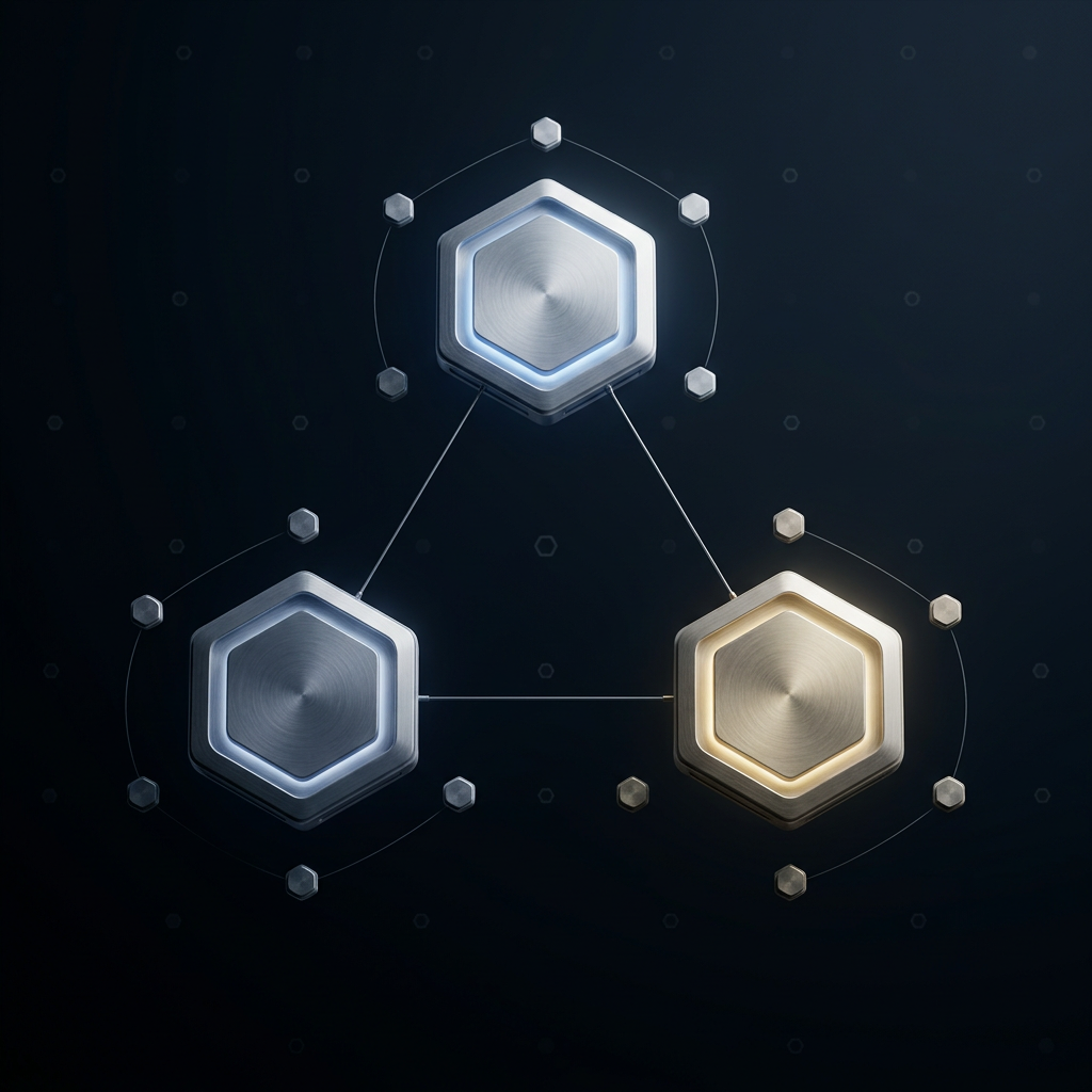 Three metallic hexagonal panels connected by lines on a dark background, with small hexagonal nodes surrounding them.