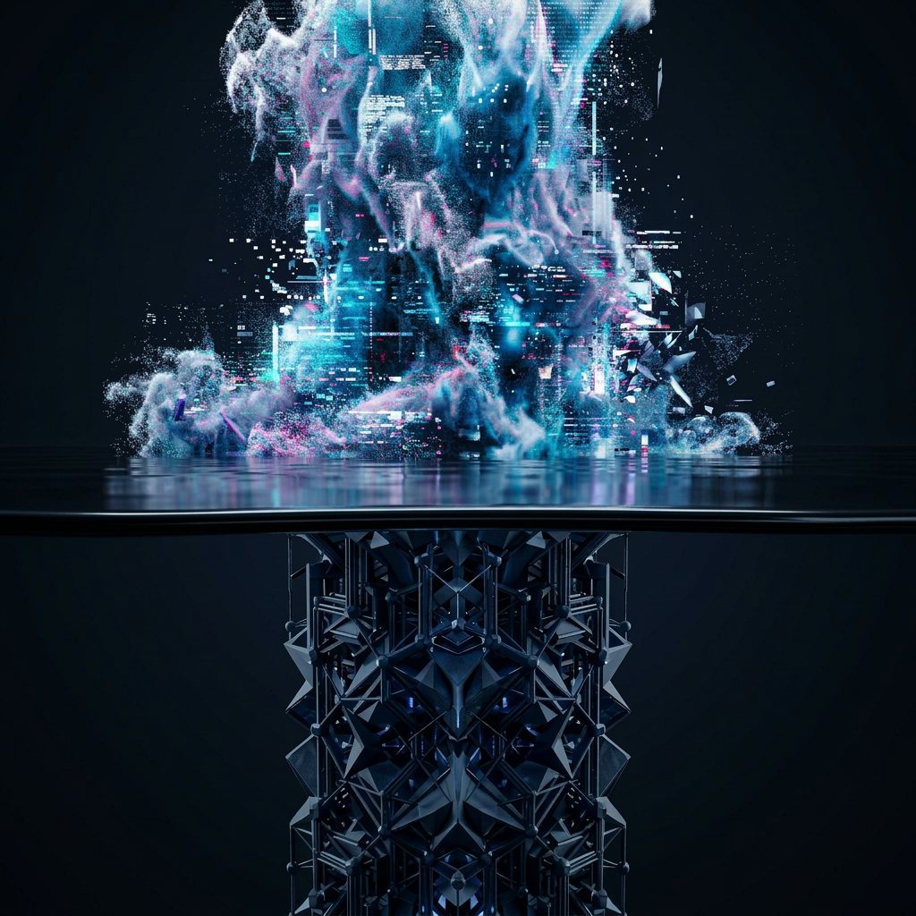 Digital artwork of a colorful, abstract explosion of light and particles above a geometric, metallic structure against a dark background.