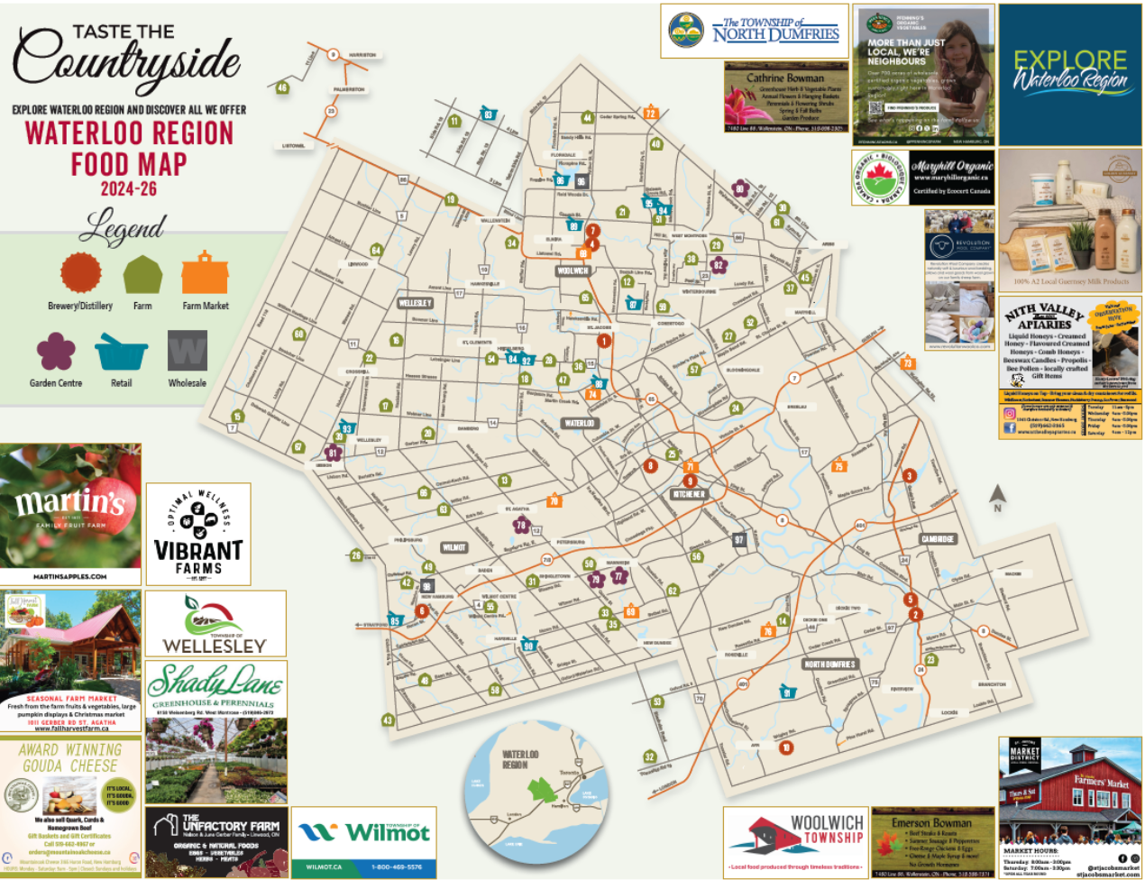 A detailed map of the Waterloo region showing food and farm locations, legend for different types of farms and markets, and advertisements for local farms, farmers' markets, and regional businesses.