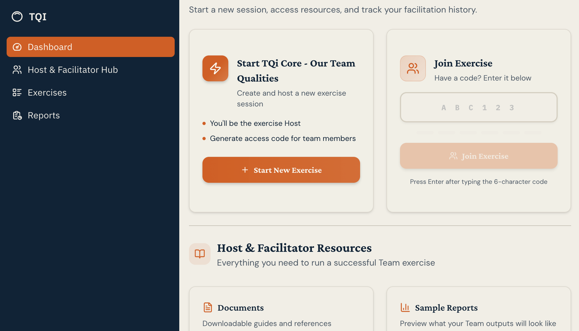 Screenshot of a web application's dashboard with a sidebar menu on the left. The sidebar includes options labeled 'Dashboard,' 'Host & Facilitator Hub,' 'Exercises,' and 'Reports.' The main section contains sections titled 'Start TQi Core - Our Team Qualities,' with a button for starting a new exercise, and 'Join Exercise,' with an input field for a code and a button to join an exercise. Below that, there is a section titled 'Host & Facilitator Resources,' with links for 'Documents' and 'Sample Reports.'