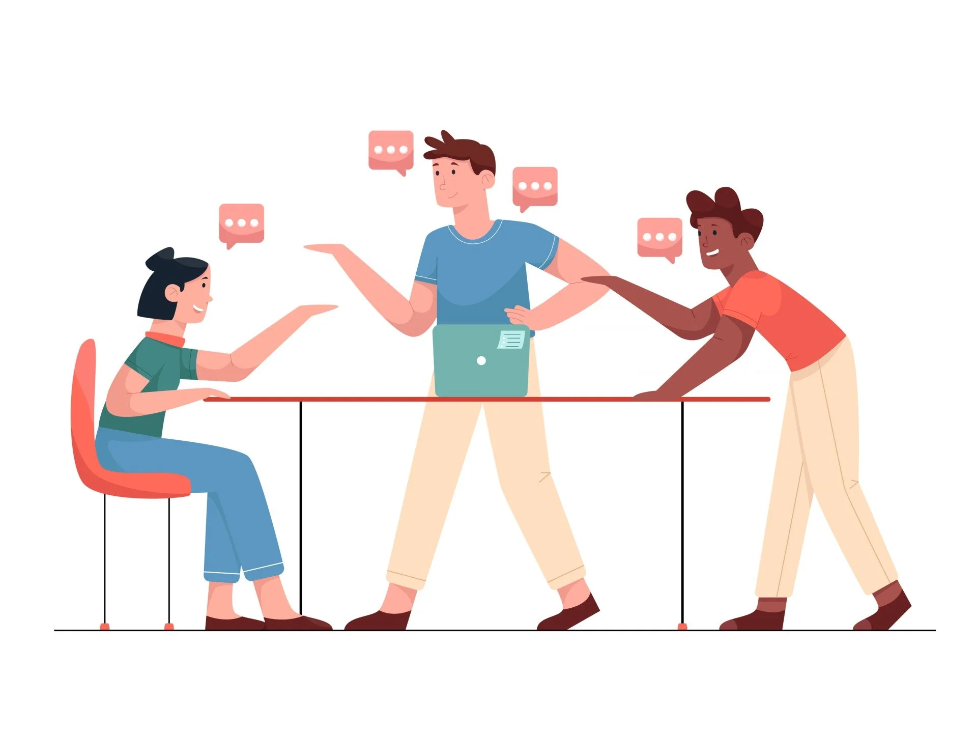 Three young people engaged in a lively discussion, with speech bubbles above their heads, around a table with a laptop.