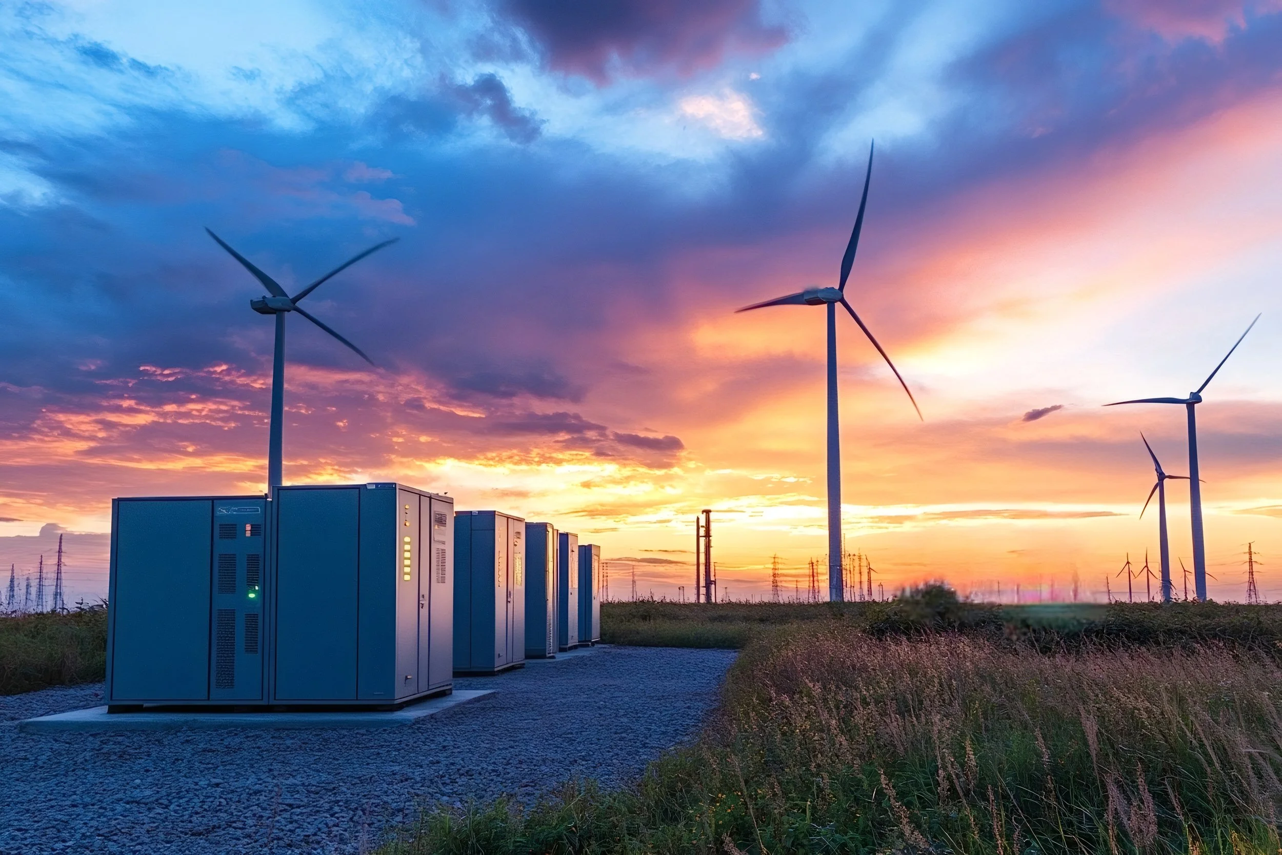 Wind turbines and electrical equipment outdoors during sunset with colorful sky and clouds.