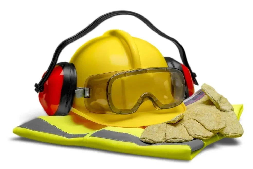 Safety gear including a yellow hard hat, earmuffs, goggles, gloves, and a high-visibility vest.