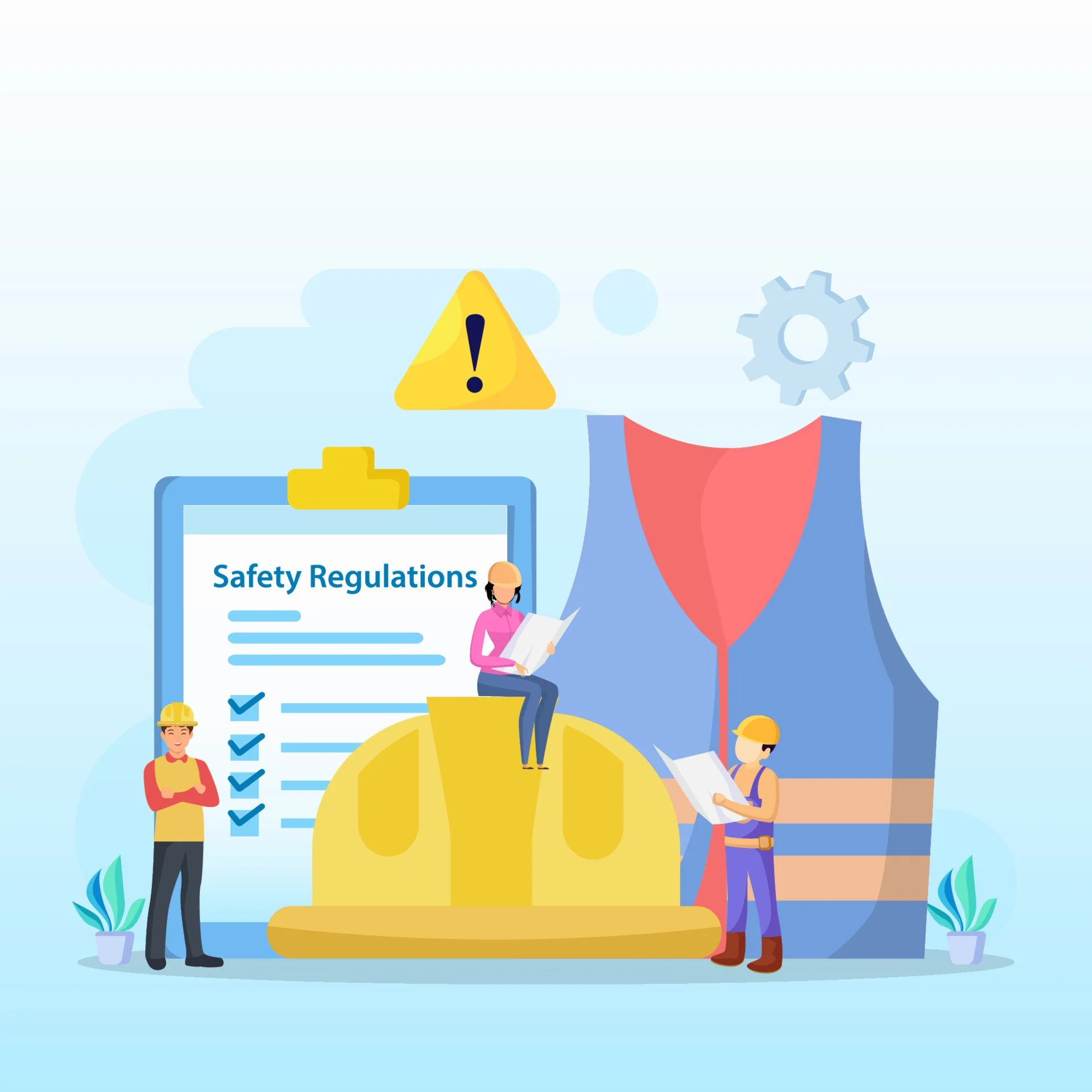 Illustration of safety regulations in a workplace, featuring a clipboard with a checklist, a yellow safety helmet, and two workers wearing safety gear examining documents, with a large abstract workplace safety vest in the background, and warning symbols.