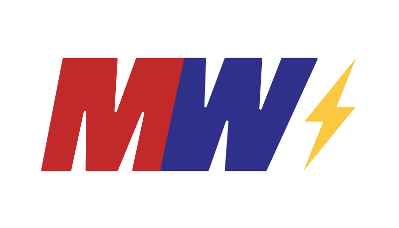 Logo with stylized letters 'M' and 'W' in red and blue, and a yellow lightning bolt.
