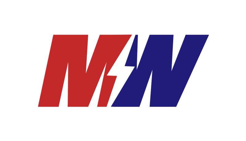 Logo with the letters 'M' and 'N' in red and blue, separated by a white lightning bolt