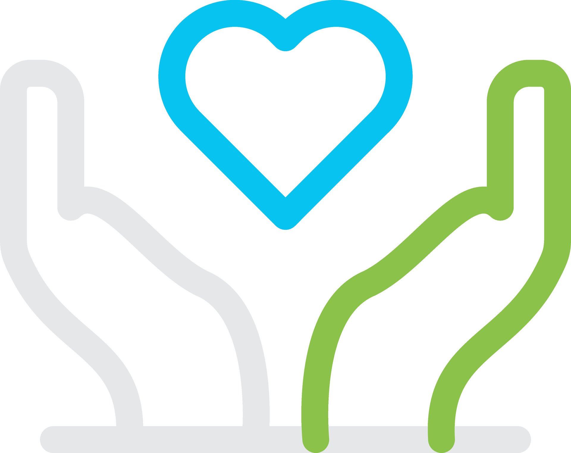 Two stylized hands, one gray and the other green, with a blue heart shape floating above them.