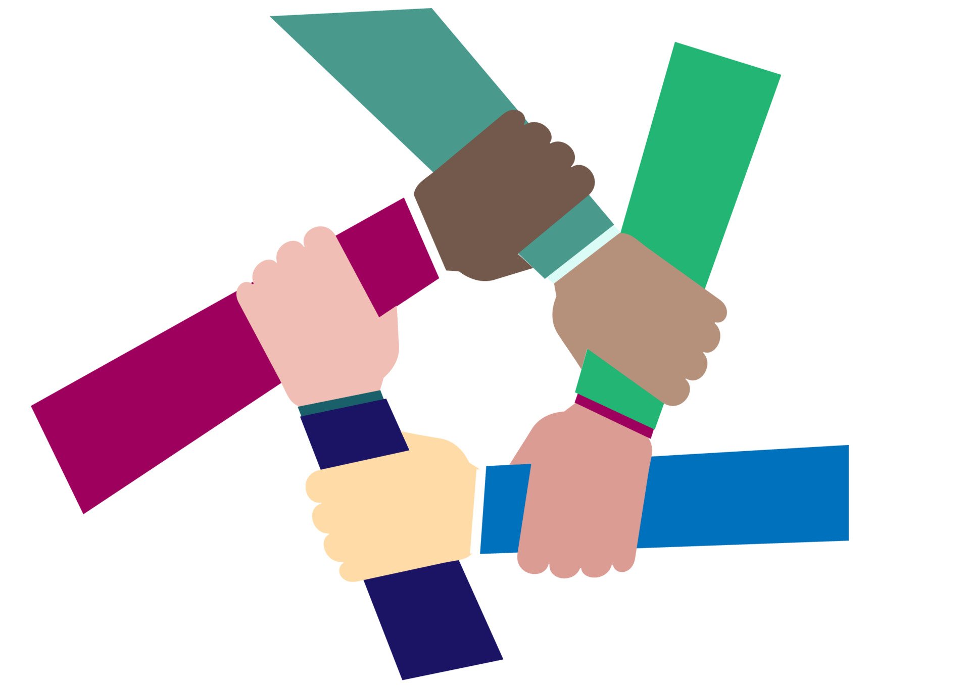 Six diverse hands grasp each other's wrists in a circle, symbolizing unity and teamwork.