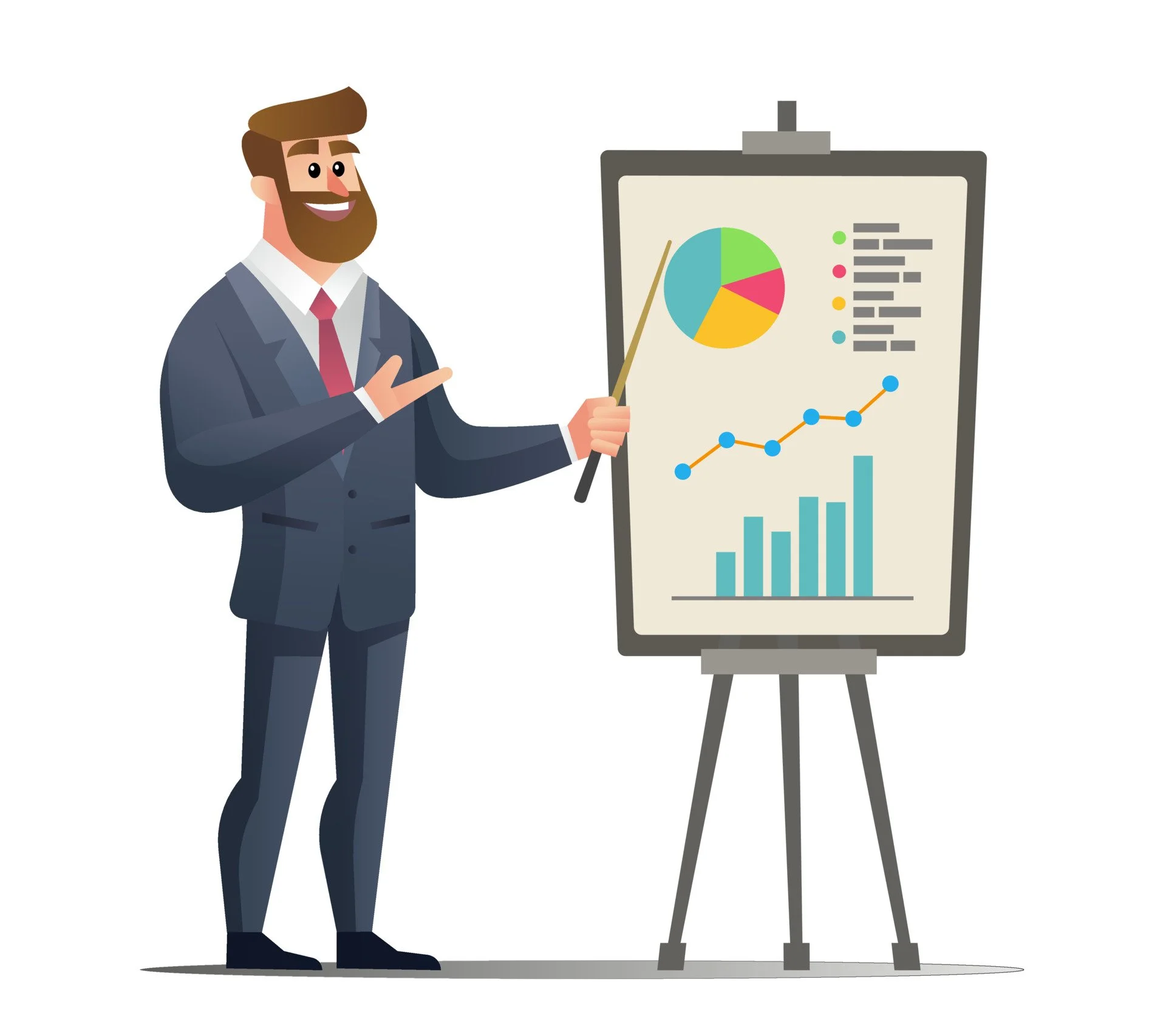 A cartoon man in a suit giving a presentation using a pointer, with a chart on a stand showing graphs and pie charts.