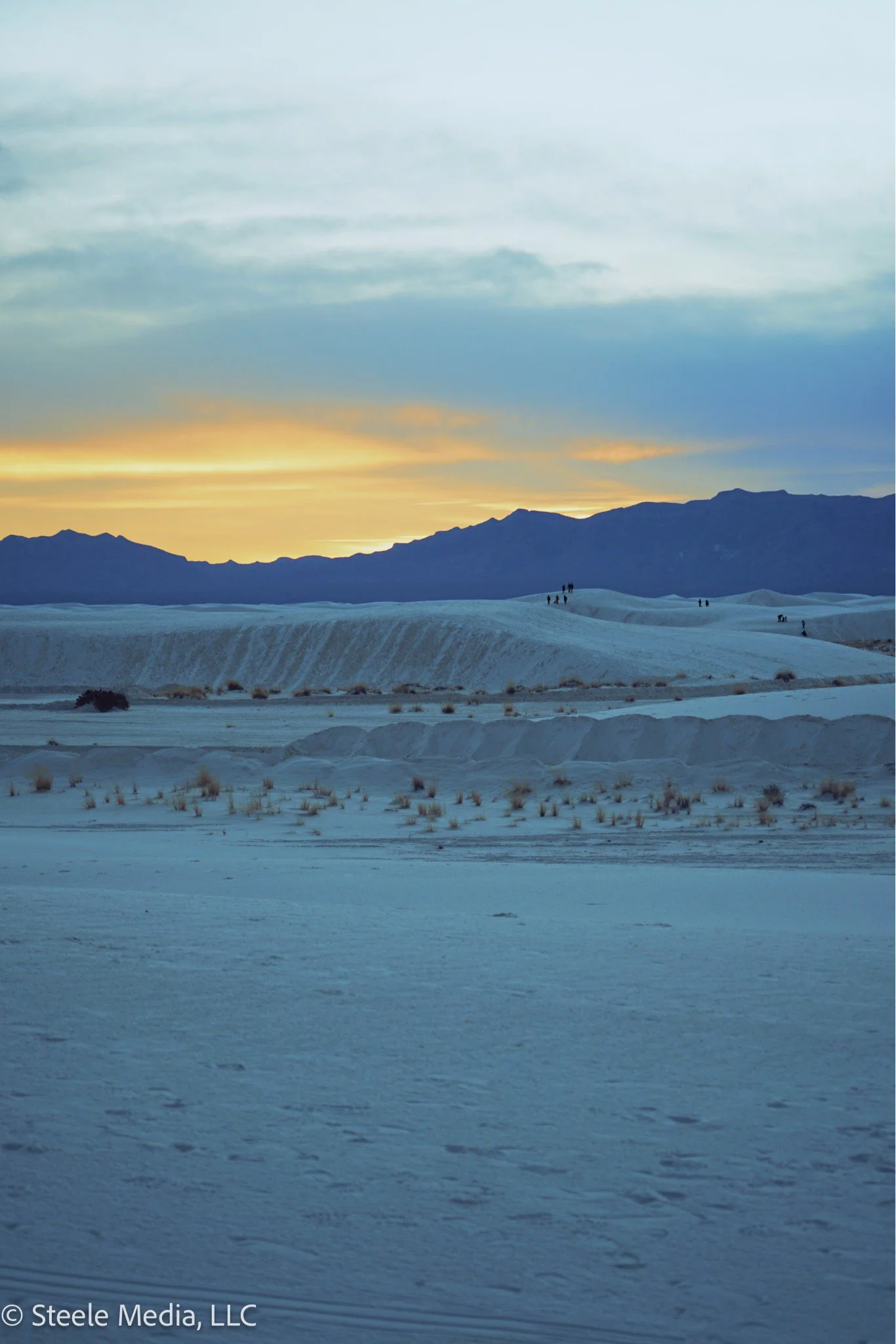 A desert landscape at sunset with rolling white sand dunes and a few small plants, mountains in the background under a colorful sky.