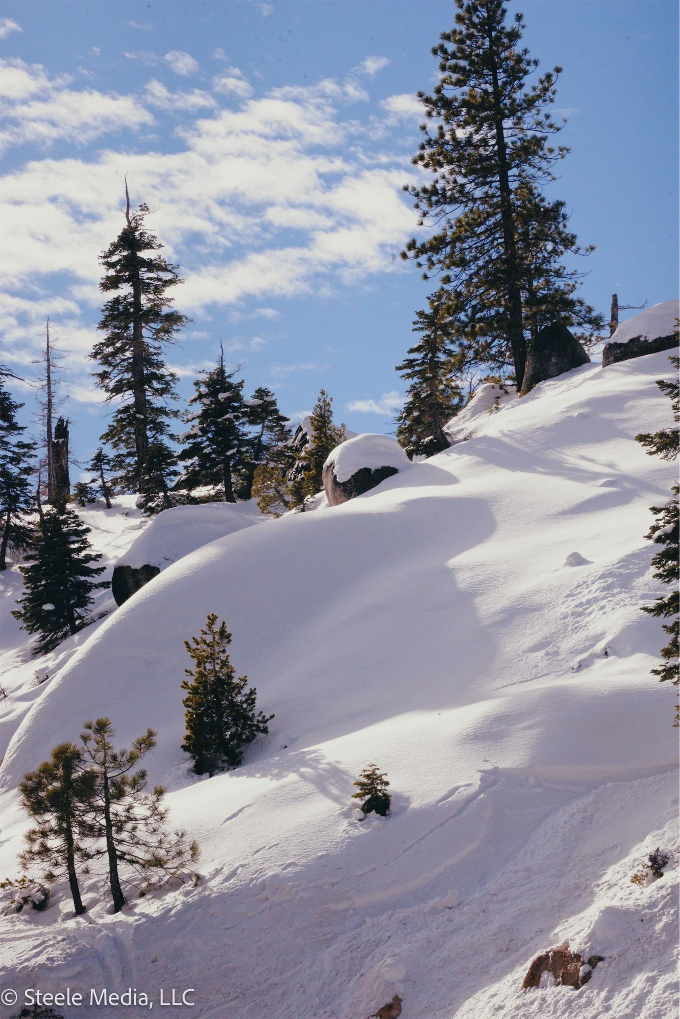 Snow-covered hillside with scattered pine trees and large rocks; blue sky with clouds overhead.