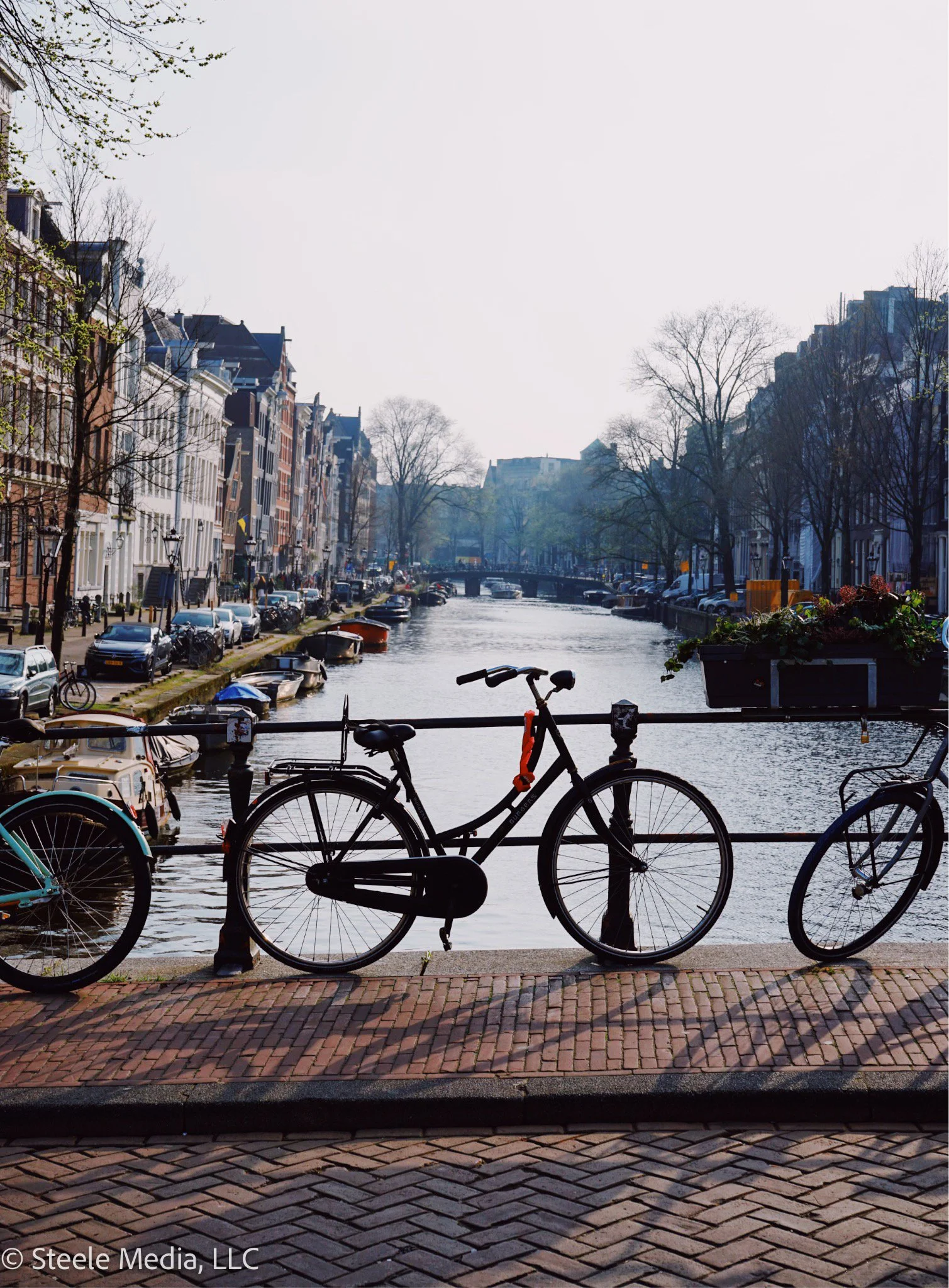 Bicycles parked along a canal in a European city with historic buildings, trees, and boats on the water.