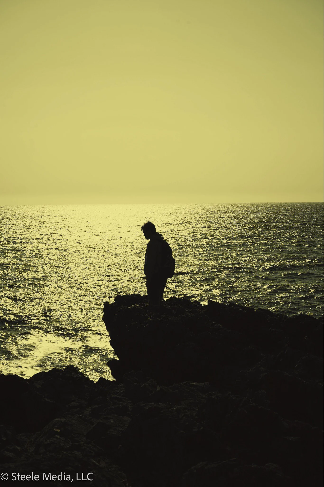 Silhouette of a person standing on rocks at the edge of the water during sunset or sunrise.