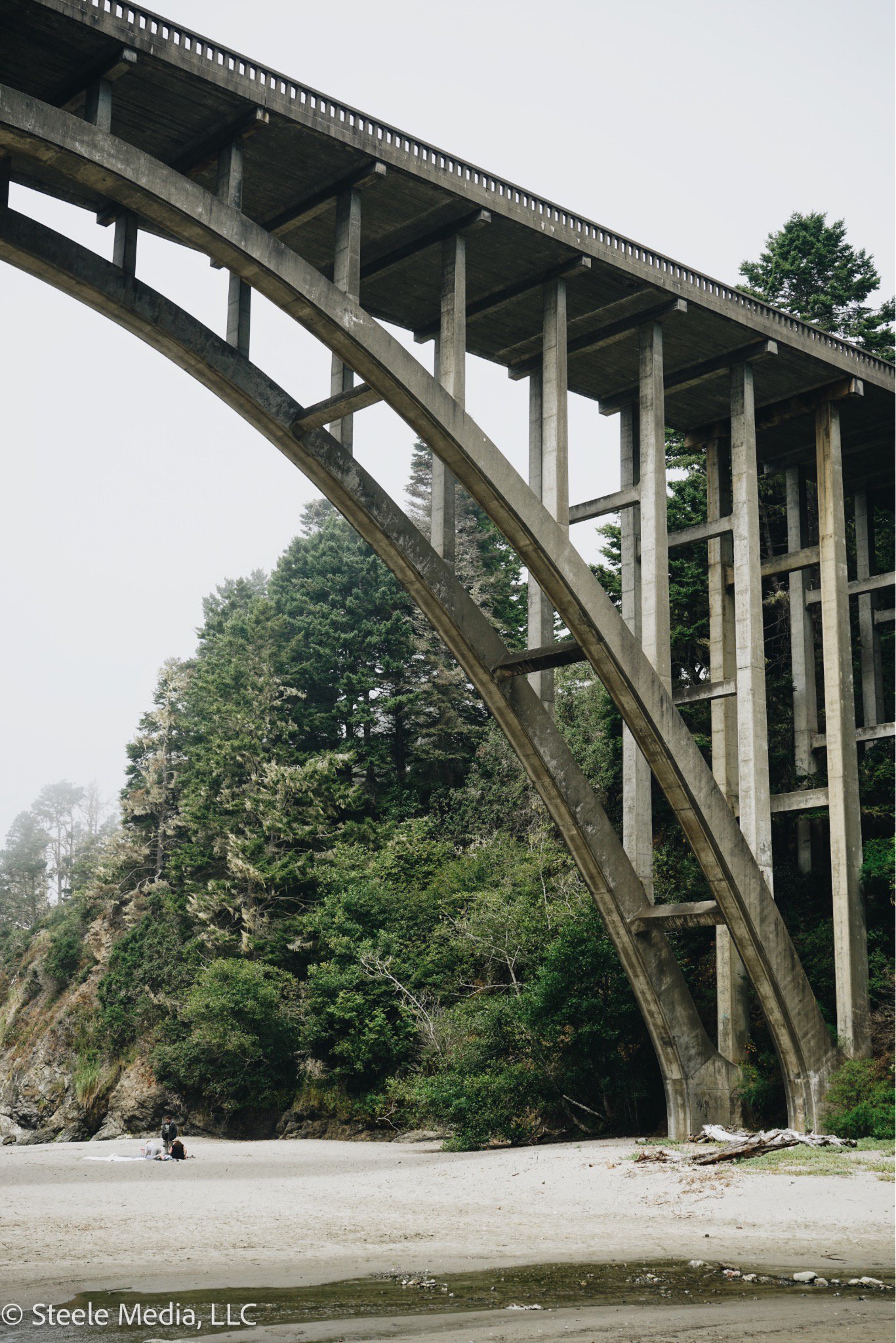 Concrete bridge over a beach with trees in the background.