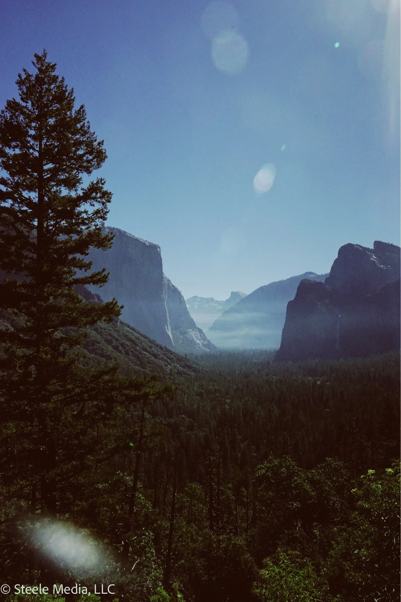 Scenic view of a forested valley with tall cliffs on either side under a clear blue sky with sunlight and lens flare.