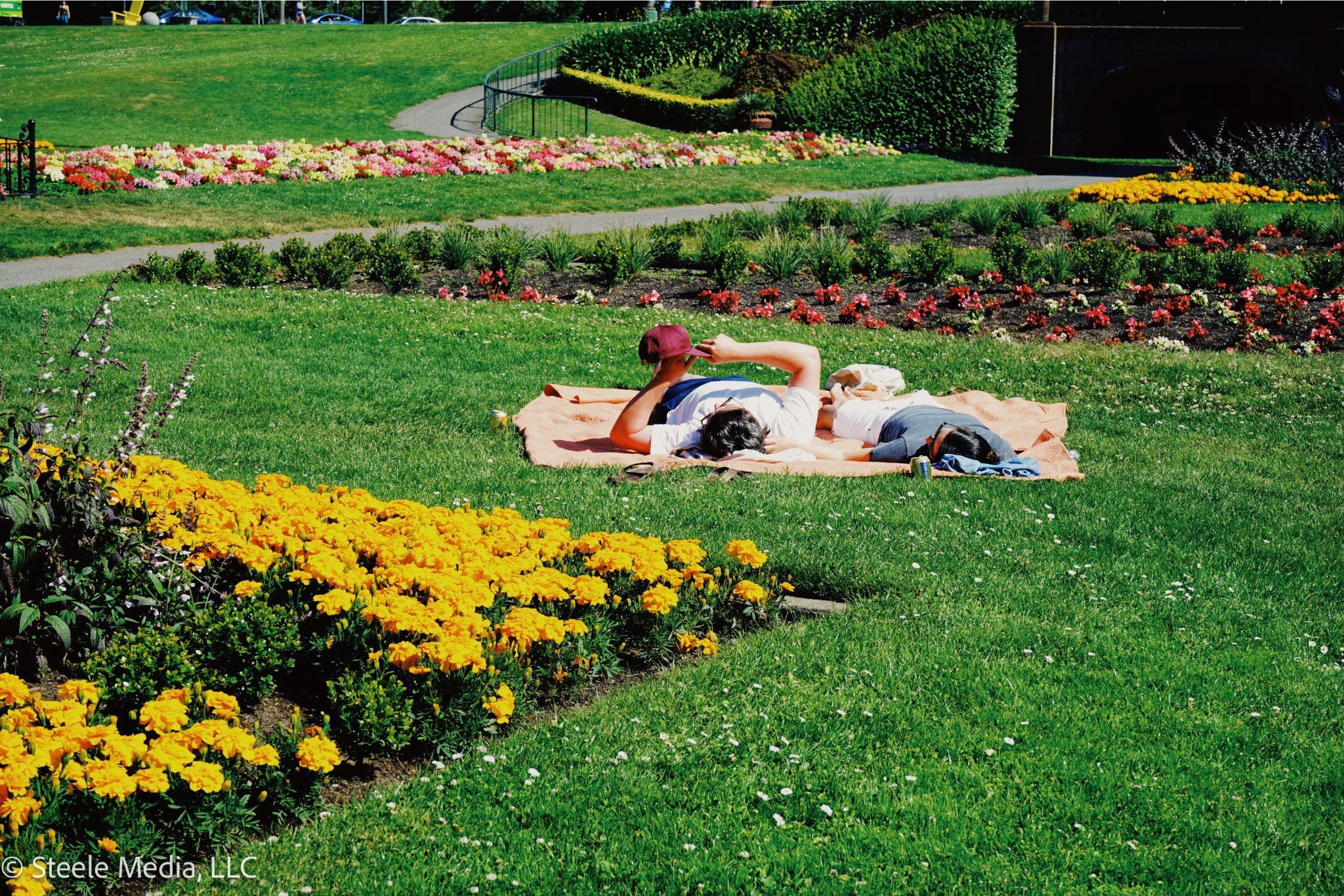 Two people lying on a blanket in a park with colorful flowers and green grass on a sunny day.