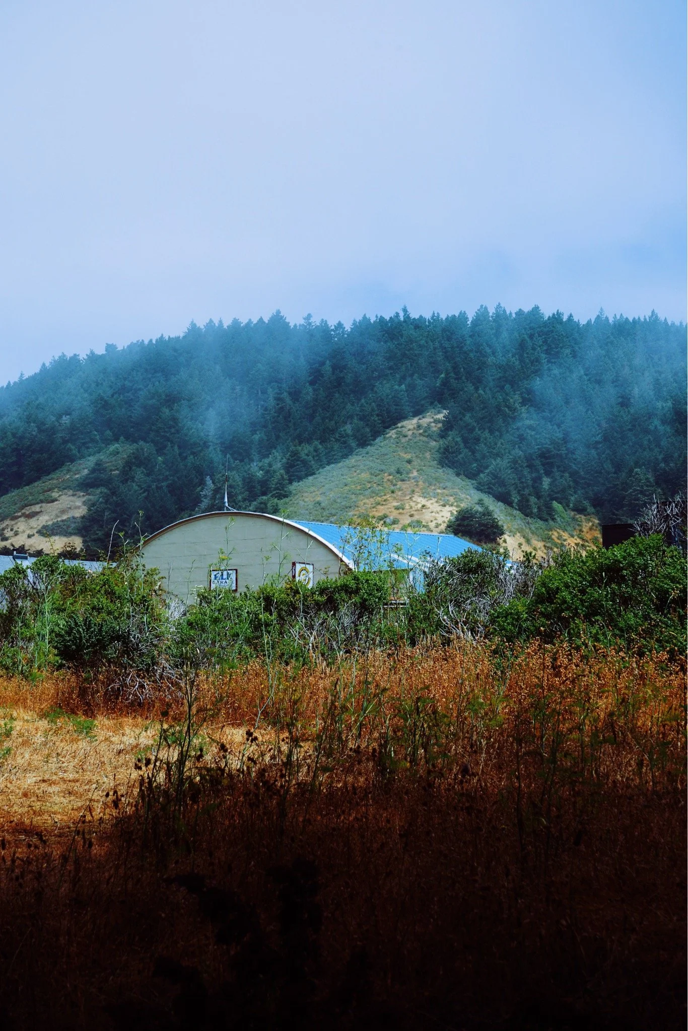 A landscape scene with a small building with a blue roof in front of a forested hillside under a cloudy sky.