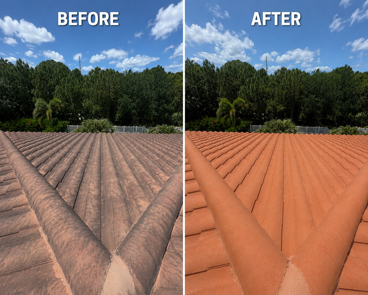 Side-by-side comparison of a tiled roof before and after cleaning. The left side shows a weathered, dirt-covered roof, while the right side shows a clean, bright roof with restored tiles.
