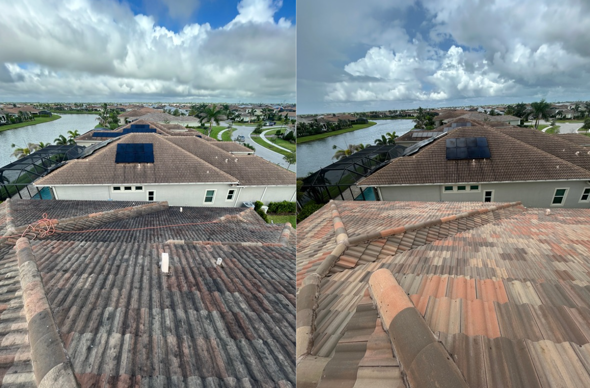 Comparison of two rooftops, one old and weathered, the other newly replaced, with a view of a residential neighborhood with ponds and houses under a partly cloudy sky.