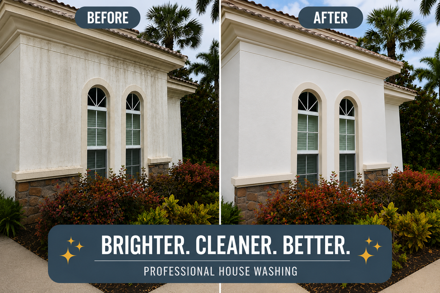 Side-by-side comparison of a house exterior before and after professional washing. The 'before' side shows a house with dirty, stained walls, while the 'after' side shows a house with clean, bright walls. Text overlay: 'Brighter. Cleaner. Better. Professional House Washing'.