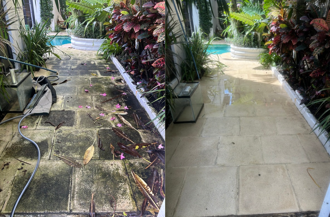 A side-by-side comparison of a patio area: the left side shows a dirty, moss-covered stone patio with leaves and pink flower petals, and the right side shows a clean, swept stone patio with water on the surface, plants, and a glimpse of a pool in the