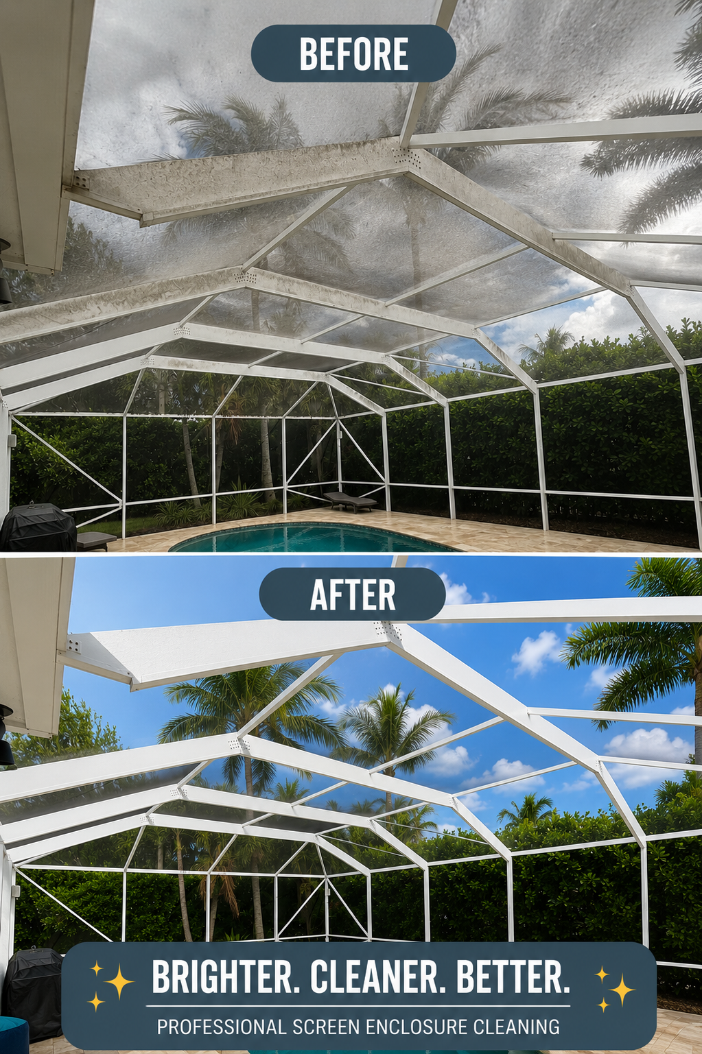 Side-by-side comparison of a screened enclosure before and after professional cleaning, with the after image showing a brighter, cleaner, and whiter structure.
