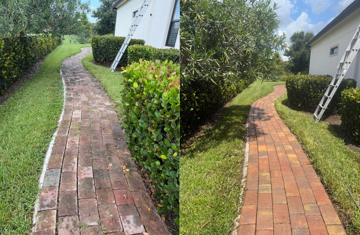 Side-by-side comparison of two brick pathways in a garden, one seems older and dirtier, the other newer and cleaner, with greenery and trees on either side, a ladder leaning against a house in the background.