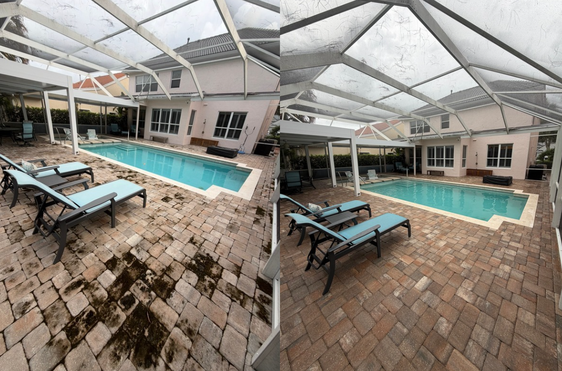 Side-by-side comparison of a backyard pool area before and after cleaning. Both images show a rectangular swimming pool with a screened enclosure, outdoor furniture, and brick-paved patio. The left side shows the area with dirt, moss, and algae on th