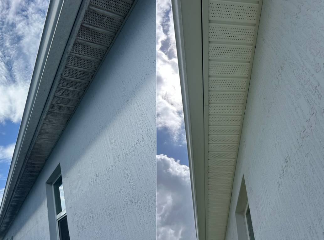 Comparison of two images of house gutters and soffits taken from below, showing different details and angles against a sky with clouds.