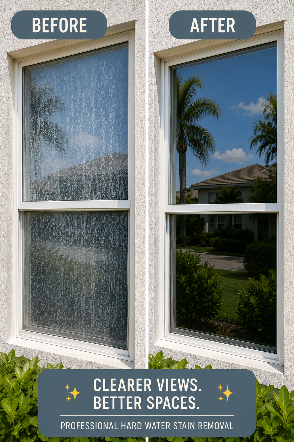 Comparison of window views before and after professional hard water stain removal: the left side shows a water-stained, foggy window, while the right side shows a clear, sunny view with palm trees and a house in the background.